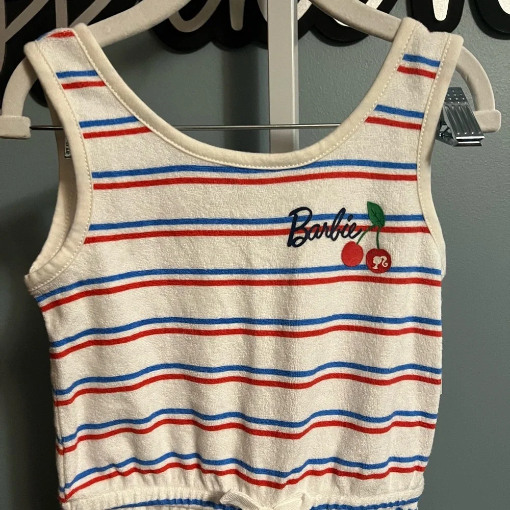Barbie Red White Blue Striped Tank Short Romper with Cherry Patch NWT 4T